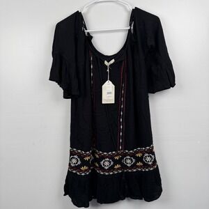 Exist Dress Womens Small Black Embroidered Boho Peasant Ruffle Hem Tassel Tunic